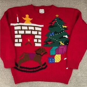 Ugly Christmas Sweater & Cute! Red Tree Fireplace Rocking Chair Vintage